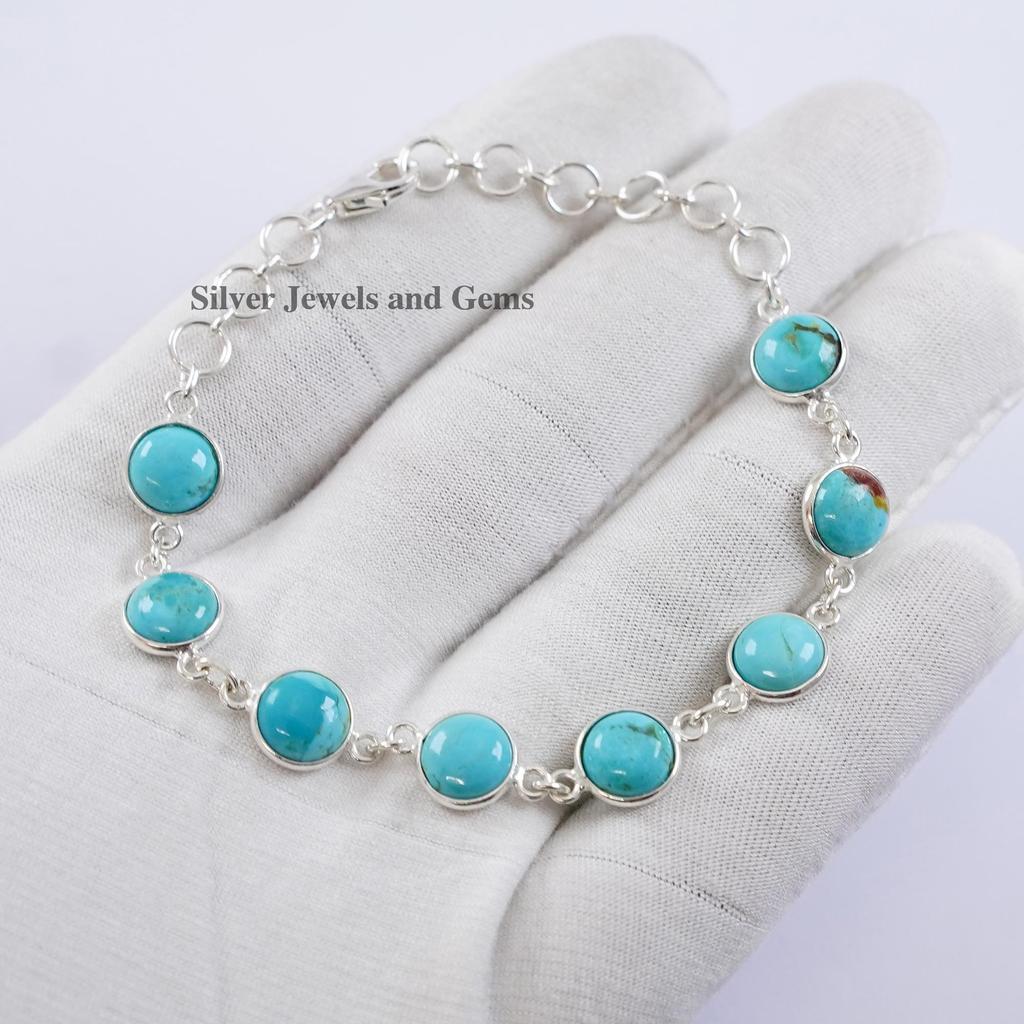 Natural Turquoise Bracelet, 925 Sterling Silver Bezel Bracelet , Handmade Round Gemstone Bracelet, Anniversary Gift
