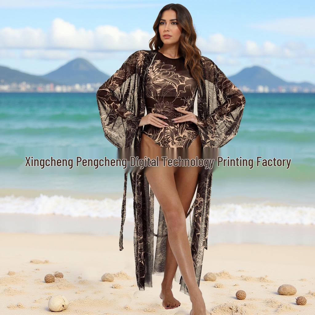 Russian Mesh Sun Protection Long-Sleeve One-Piece Swimsuit Cover-Up for Women