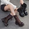Stivali da Mezza Gamba Retro in Vera Pelle con Suola Spessa Versatili a Punta Rotonda Stivali con Plateau da Donna