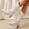 Women Victorian Pointed Toe Mid-Calf Boots Leather Lace Hollow Out Punk Lace Up Strange Steampunk High Heel Shoes Size 34-48