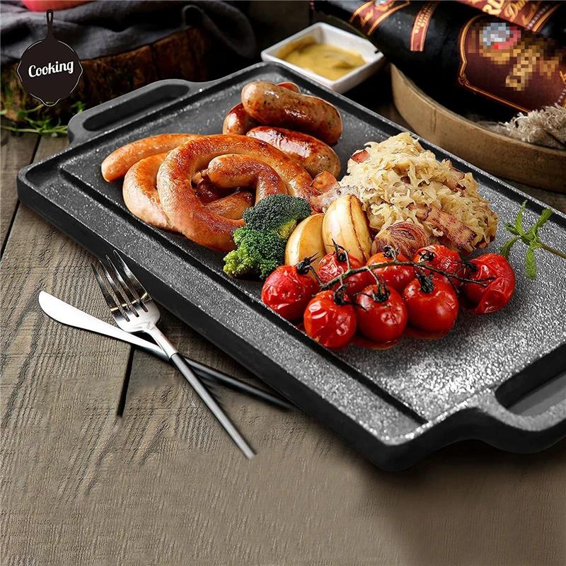 Barbecue Tray Cast Iron Baking Tray Outdoor Rectangular Barbecue Pan Steak Barbecue Plate Double Sided Baking Tray Iron Plate