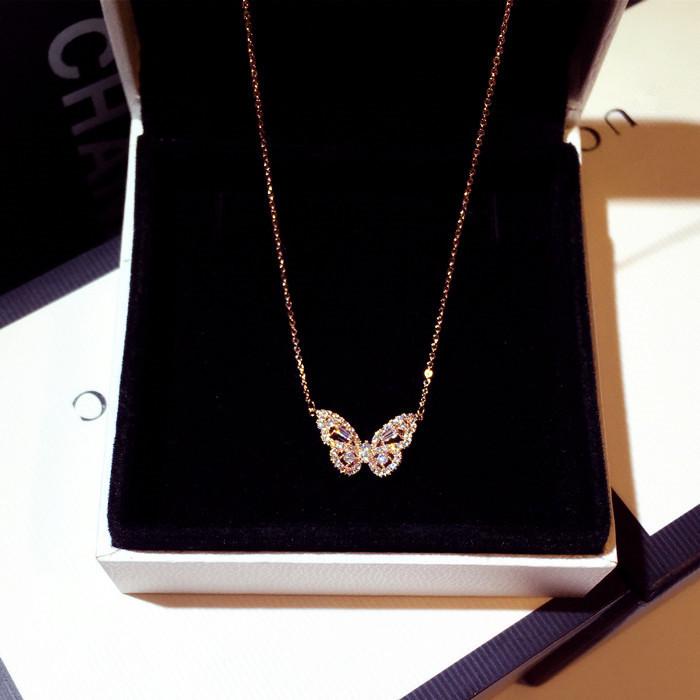 Small Fresh Butterfly Pendant White Zircon Necklace For Lady Butterfly White Zircon Necklace Bowknot Jewelry Gift