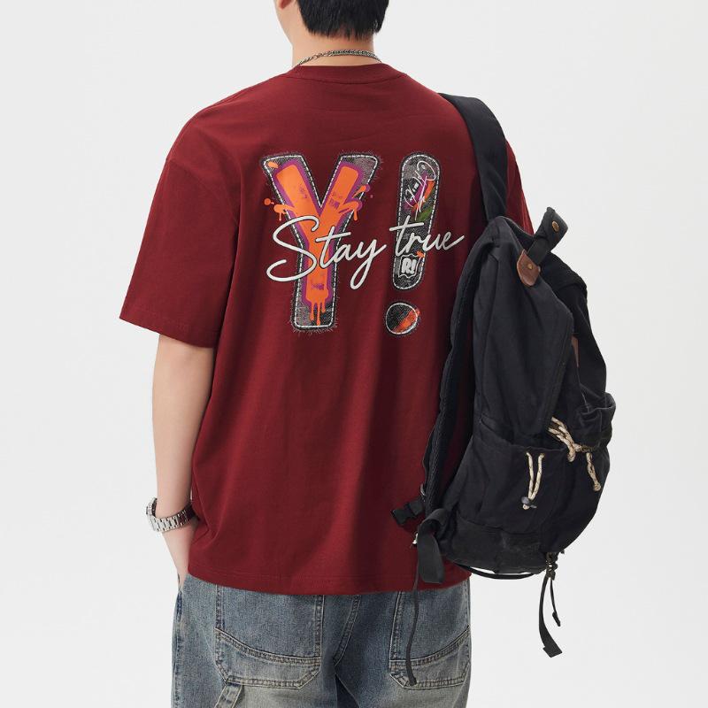 

Feng She Men s Cotton Embroidered Heavyweight Washed Short Sleeve T-Shirt, American Trendy Summer Loose Fit Round Neck. M