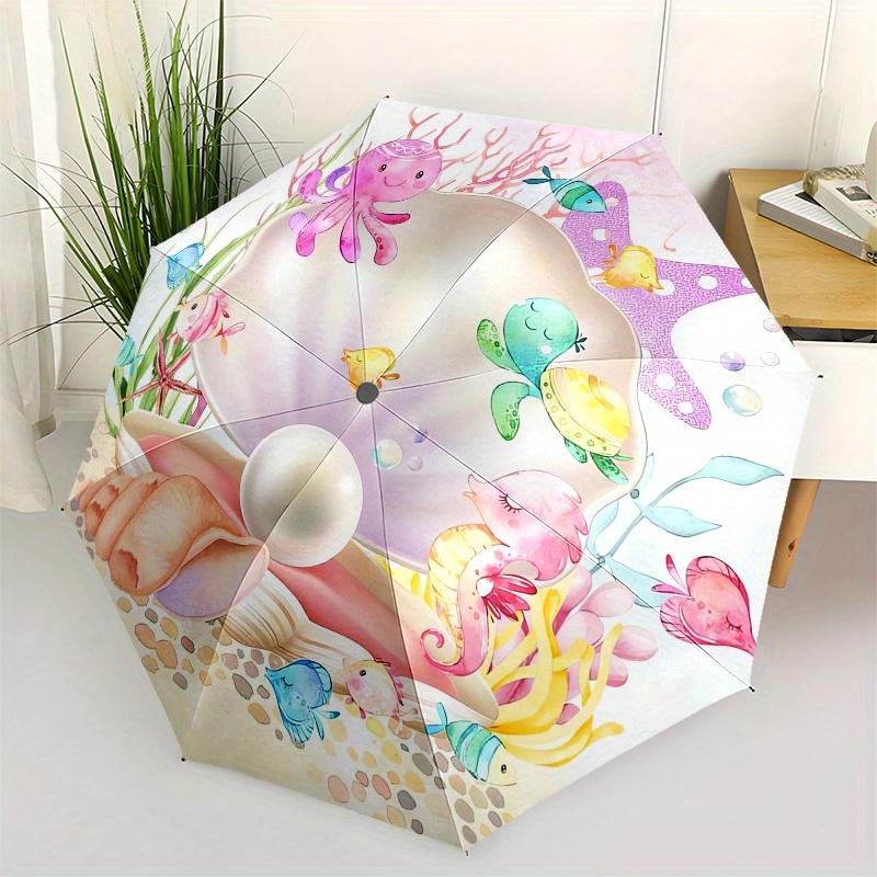 

Seashell,Pearl Automatic Folding Umbrella Simple 8 Rib Design, Bright Cartoon Pattern, Durable Iron Frame, Suitable For Travel, Outdoor, Be