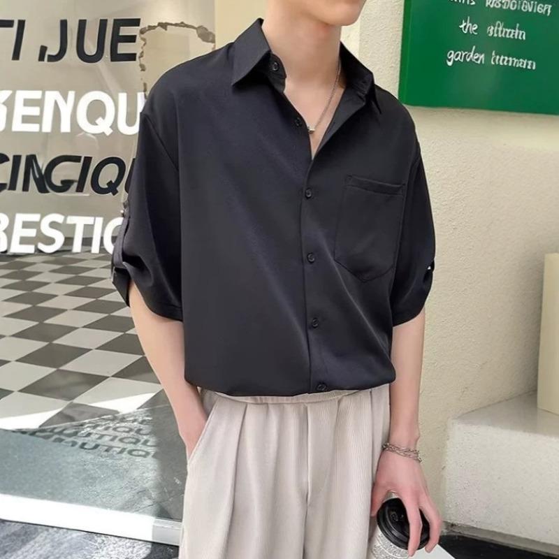 Mens Casual Loose Solid Thin Ice Silk Short Sleeve Shirt