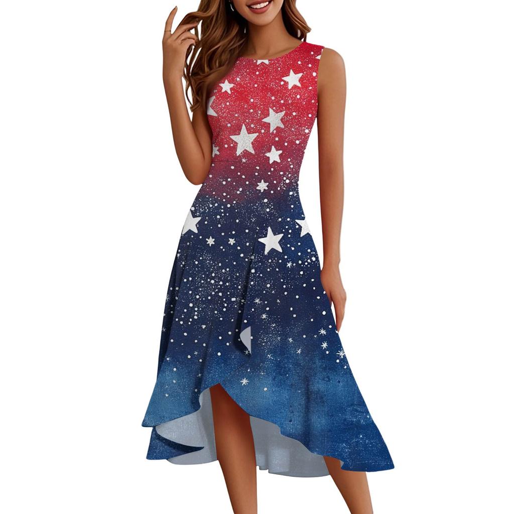 Women's Fashion Casual Zip Sleeveless Round Neck Independence Day Printed Elegant Temperament Ruffles Dress Dresses