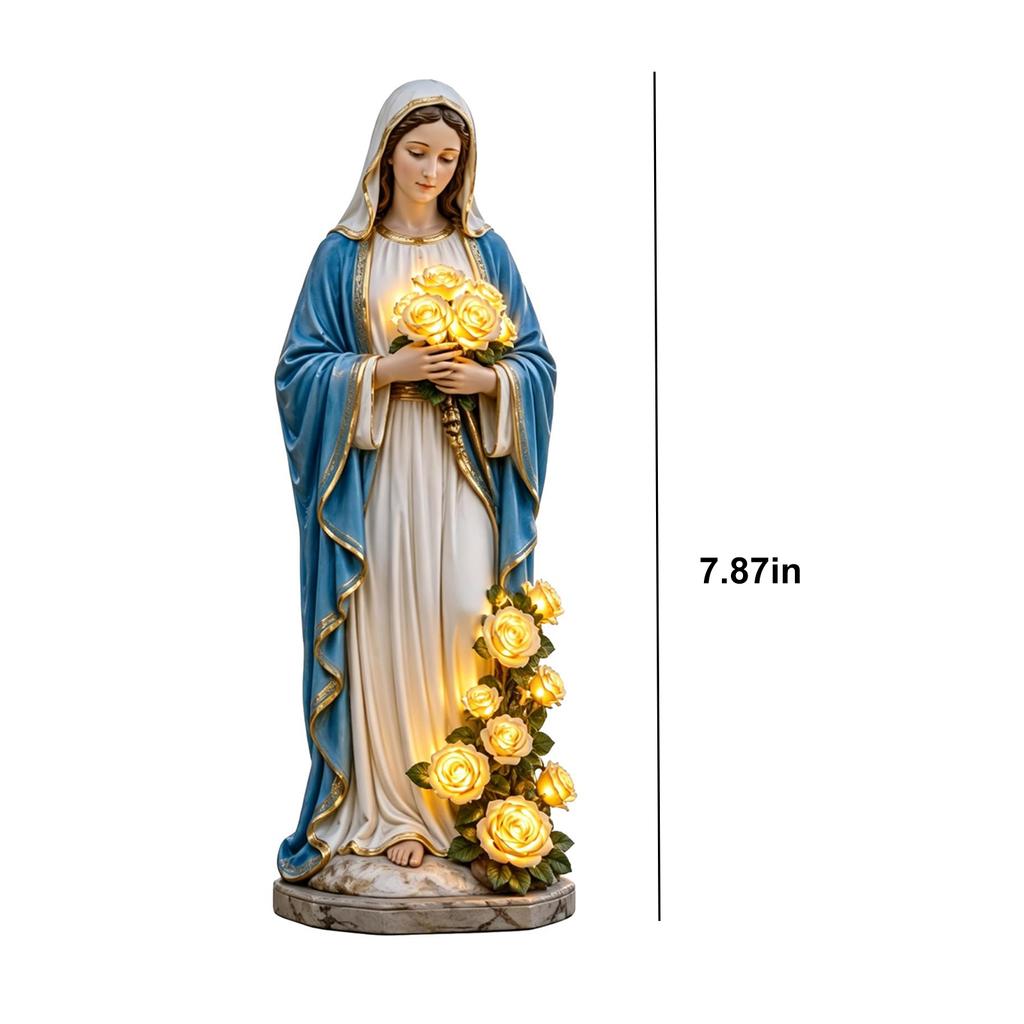 Decorazione Giardino Cristiano con Rose Illuminanti Statua di Maria in Resina da Esterno Ornamento Fatto a Mano Statua di Maria Luminosa a LED per Regali Festa della Mamma