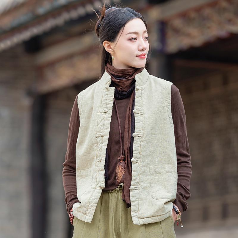 25 Winter new Chinese women's ramie retro disc buckle cotton vest Chinese Tang quilted cotton vest