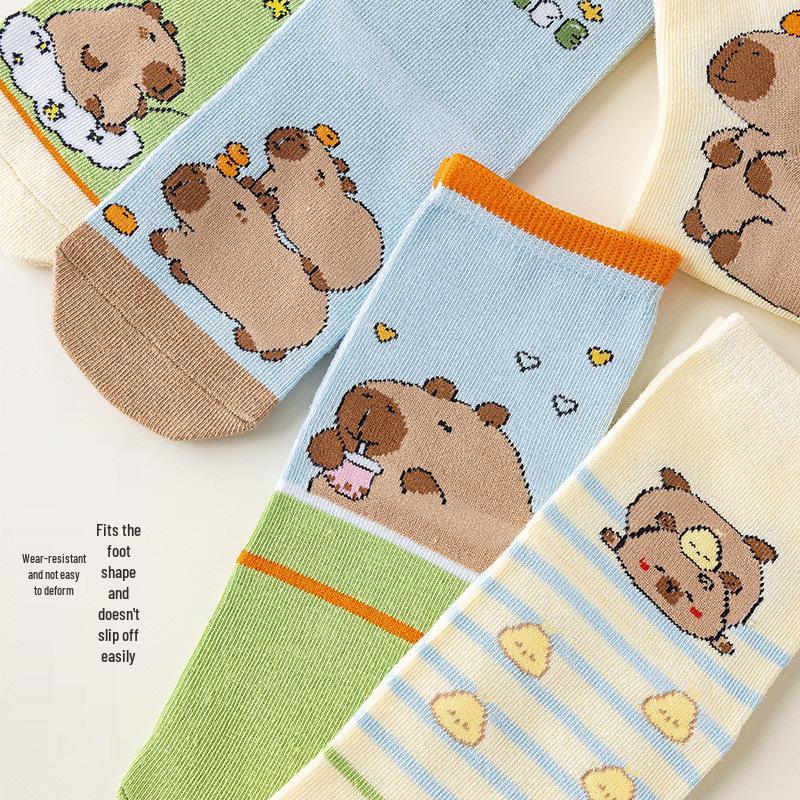 Capybara Boys' Cotton Mid-Calf Socks - Cute Cartoon Design for Spring, Autumn, and Winter