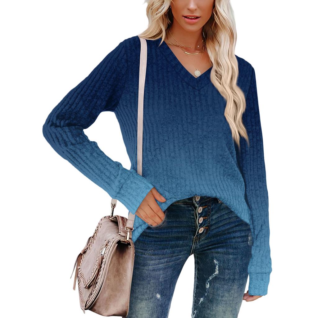 Women's Fashionable Oversized V-Neck T-Shirt With Gradient Print Long-Sleeved Pullover Top
