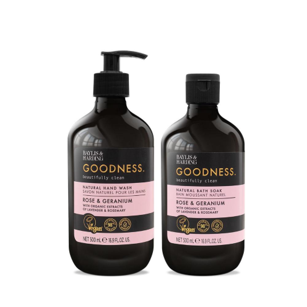 Baylis   Harding Goodness Rose   Geranium Hand Wash 500ml + Goodness Rose   Geranium Bath 500ml Goodness Rose and Geranium Hand Wash in Bath