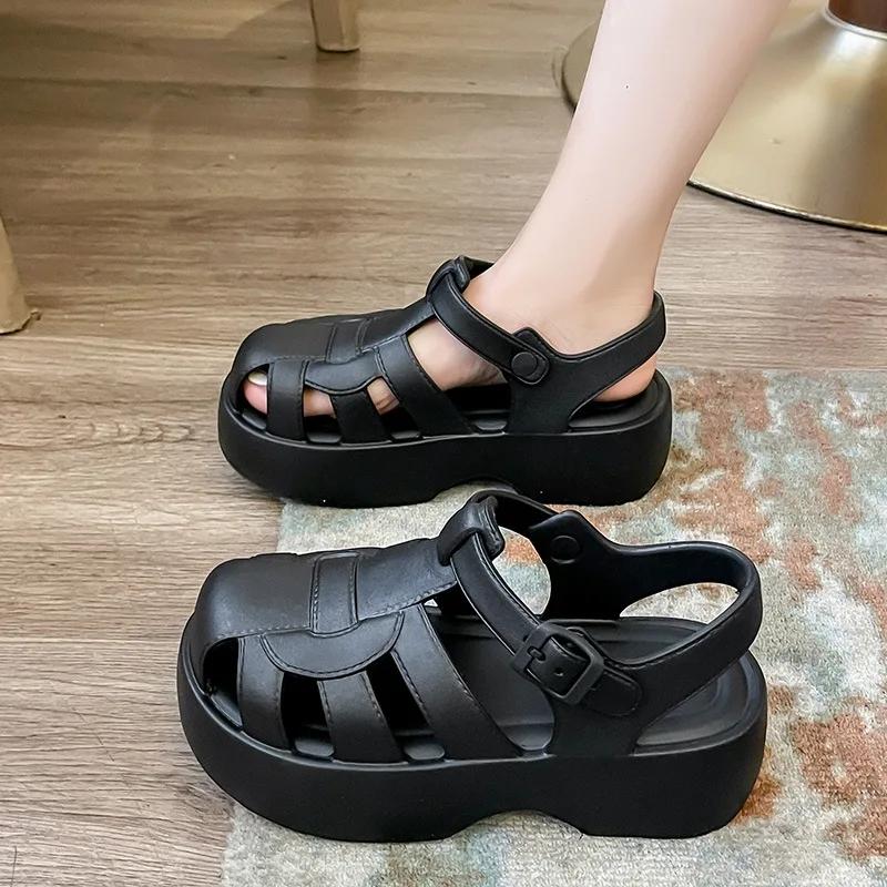 Fashion Baotou Roman Sandals Women's 2024 New Summer Platform Casual Women's Shoes Versatile Retro Hollow EVA Cool Slippers