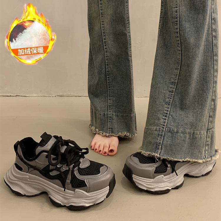 Fleece Explosive Muffin Thick-soled Dad Shoes Women's Small Men Increase In Height 2025 New Mesh Breathable Casual Sports Shoes
