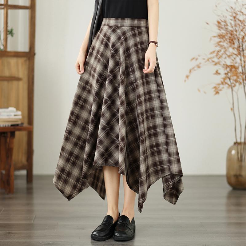 Plus Size High Waist Cotton Vintage Plaid Casual Summer Loose Long for Woman Skirts Womens Skirt