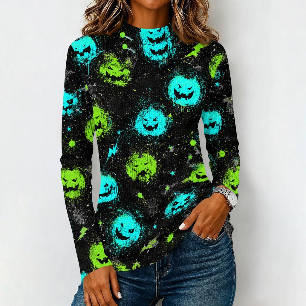 Damen Halloween Langarm T-Shirt Strick Lässig Rundhals Pullover Top
