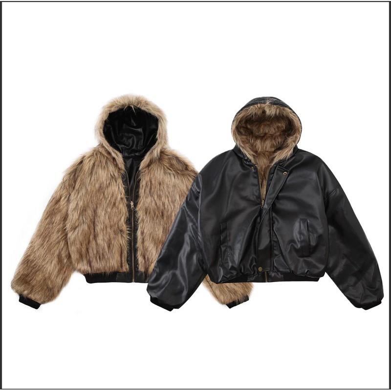 Unisex Oversize Skórzana Kurtka PU z Kapturem i Podszewką z Sztucznego Futra Norek Ciepła Zimowa Wiatroszczelna Kurtka Streetwear