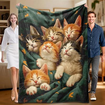 1 Piece, Cat-themed Green Flannel Blanket, Soft, Suitable for Sofa, Bed, Office, All-season Use.