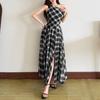 2026 European and American summer new casual style split slanted shoulder design irregular plaid suspender dress women