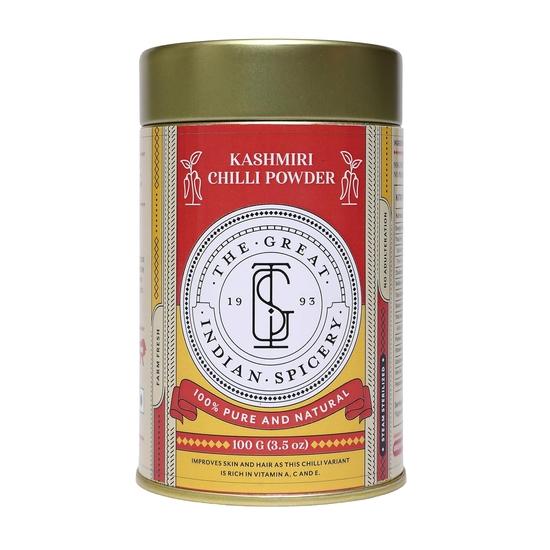 

The Great Indian Spicery | Kashmiri Chilli (Kashmiri laal Mirch) | Powder 100gm Tin – Farm Fresh, Non-Adulterated, No Added Color or Preservatives