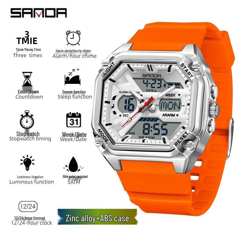 

Sanda Men s Multi-Functional Sports Embossed Square Watch with Three-Zone Time and Alarm.