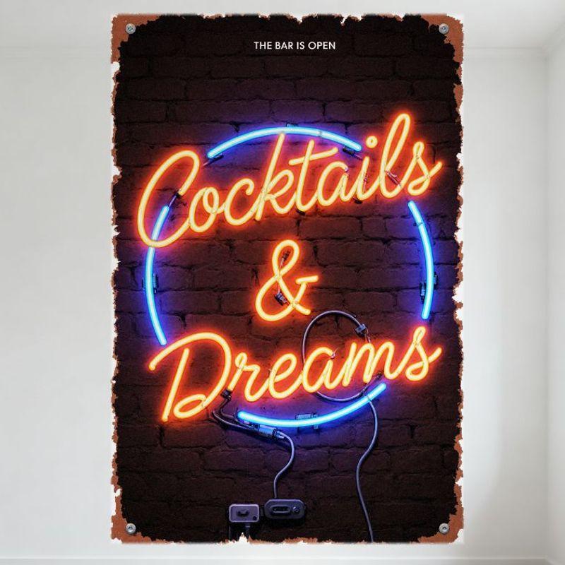 

Vintage Cocktails & Dreams Neon Sign Tin Sign, Retro Brick Wall Bar Pub Decor, Man Cave Wall Plaque for Cafe Restaurant Home B 20x30cm（7.8x11.8inch）