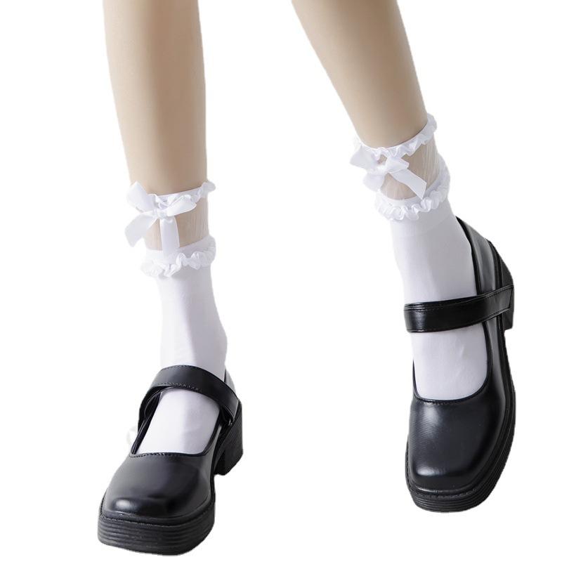 Lolita Lace Bow Calf Socks Velvet Women's Medium Tube Socks Knee Japanese Students Black and White Silk
