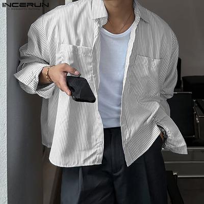 Camisas listradas de manga comprida com lapela masculina para primavera, tops largos e casuais