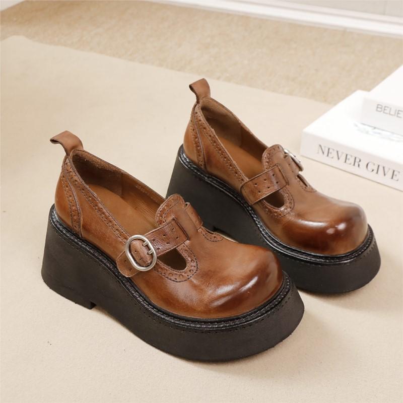 Johnature Retro Thick Soled Pumps Genuine Leather Wedges Shoes Round Toe Versatile Women's Platform Shoes