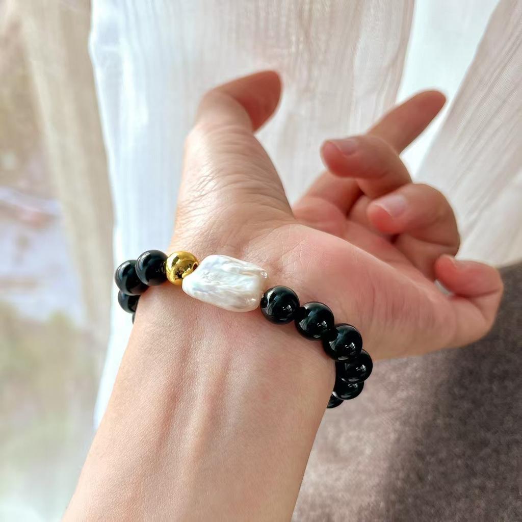 Vintage High Quality Natural Black Agate Freshwater Baroque Pearl Bracelet Bracelet