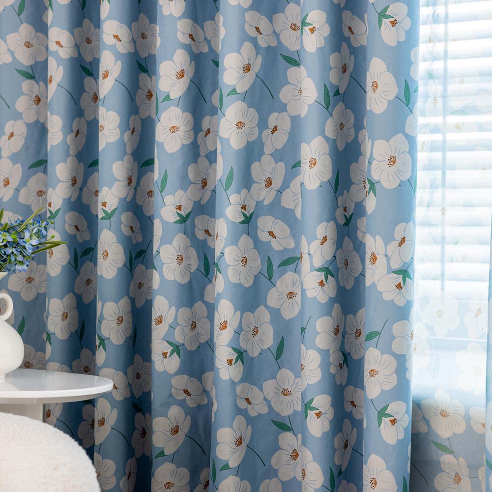 1PC Nuan Series Literary Pastoral Style Blue Flower Printed Curtain Full Blackout Curtains for Bedroom Living Room Balcony Window for Home Decor
