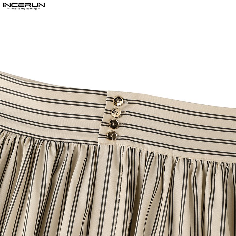 INCERUN Mens Striped Wide Leg Pants High Waist Button Loose Fit Casual Long Trousers