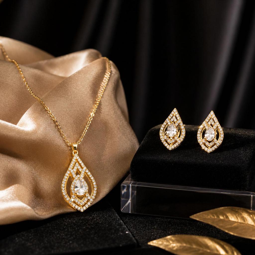 Light Luxury Cubic Zirconia Necklace & Earrings Set - White Tear Drop Pendant, Fashionable Collarbone Chain