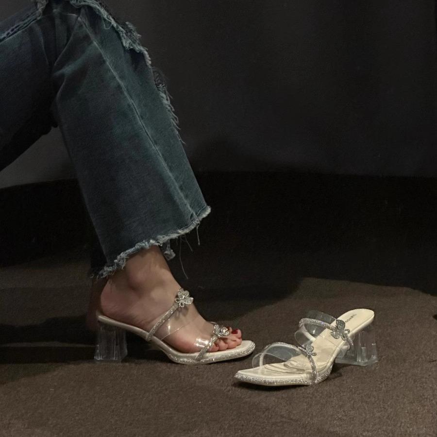 Popular women's shoes summer new sandals women's medium heel crystal heel high heel thick heel two wear rhinestones outside wear cool slippers