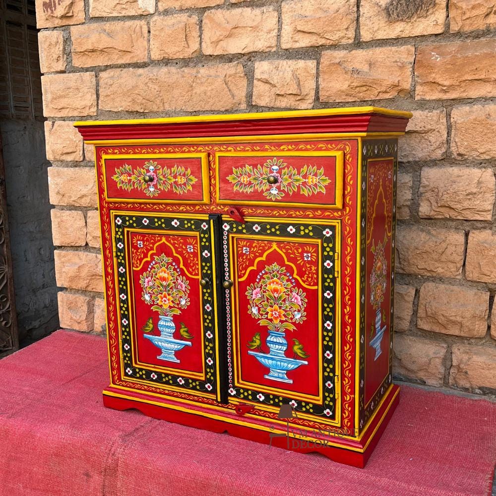 Wooden Painted Cabinet | Traditional Indian Storage Desk SideBoard| Bedside Floral Design | Home Decor Cupboard | Painted Accent Furniture