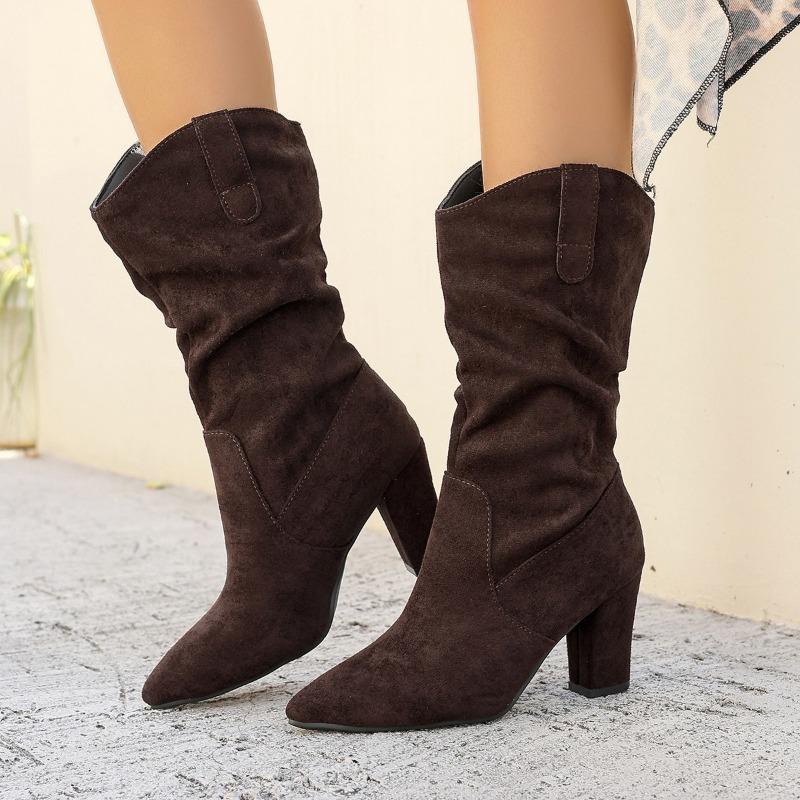 Women's Pointed Toe Slouchy High Heel Fashion Boots, Suede Chunky Heel Ankle Boots, Plus Size Winter Shoes