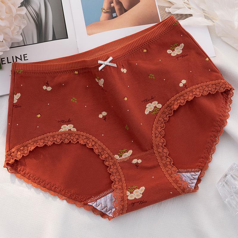 Cotton Fresh Women's Underwear Printing Cute Mid Rise Underwear Elastic Lace Edge Traceless Triangle Pants