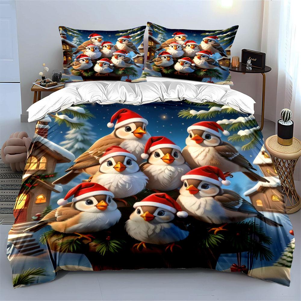 Christmas Birds in Santa Hats Bedding Duvet Cover Set  (1*Duvet Cover 2*Pillowcases, without duvet insert)