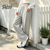 Wrinkle Resistant Casual Pants Women Wide Leg for Fall Winter, Drawstring Elastic Waist Loose Fit Trousers, Solid Color Straight Legs Trousers