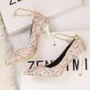 Xiaoxiang thin high heels women's shoes thin heels high heels pointed woolen material metal chain one-word belt single shoes