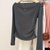 Women's French Retro Stripe One-Shoulder Long Sleeve T-Shirt, Pleated Waist, Slimming Fit - Spring/Autumn Style
