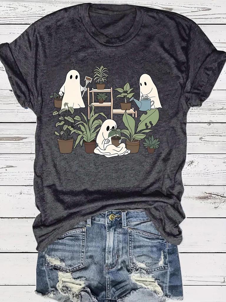 Summer Women's Halloween Ghost Flower Print Round Neck T-Shirt, Casual Fashion, Short Sleeve