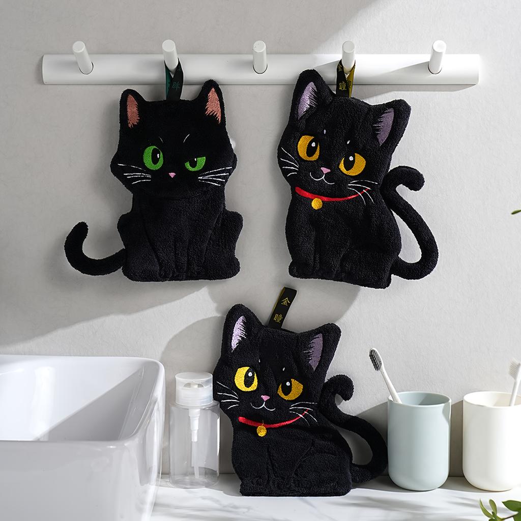 Black Cat Embroidered Hand Towel, Coral Fleece Super Absorbent Quick-Dry Hanging Bathroom and Kitchen Finger Towel