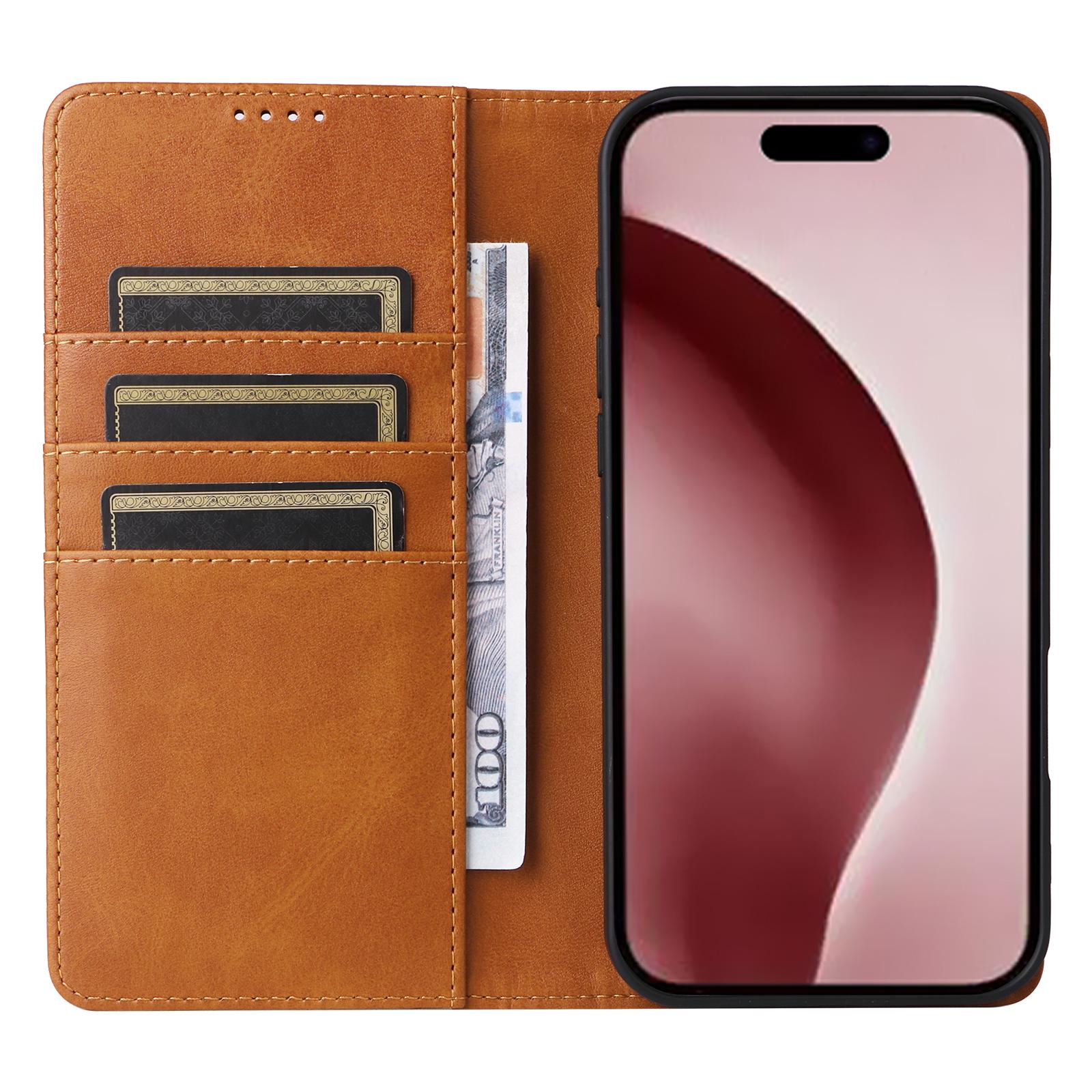 

For iPhone 16 Pro Case RFID Blocking PU Leather Folio Flip Phone Cover Brown