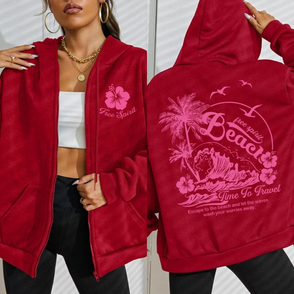 Free Spirit Beach Time Of Travel Print Women Zipper Hoody Fashion Autumn Hoodie Pocket Streetwear Fleece Loose Hoodies