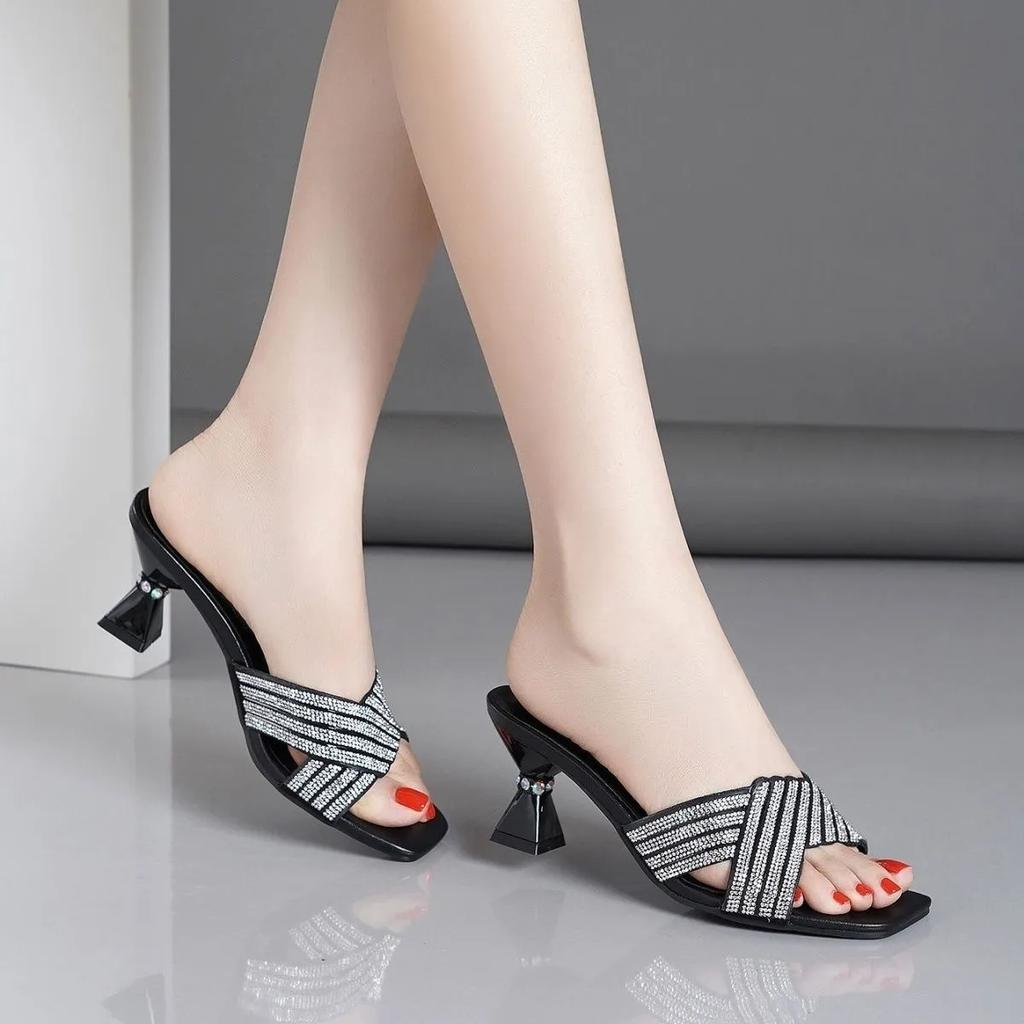  Sandalias Femininas Women Fashin Black Crystal High Quality Peep Toe High Heel Shoes Lady Cool Comfort Sandals Ab596