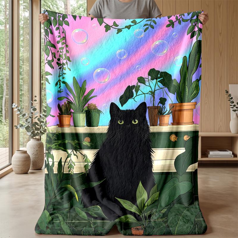Rainbow Fantasy Cat Theme Blanket Lightweight Warm Flannel Blanket Decorative Throw Blanket for Home Decoration