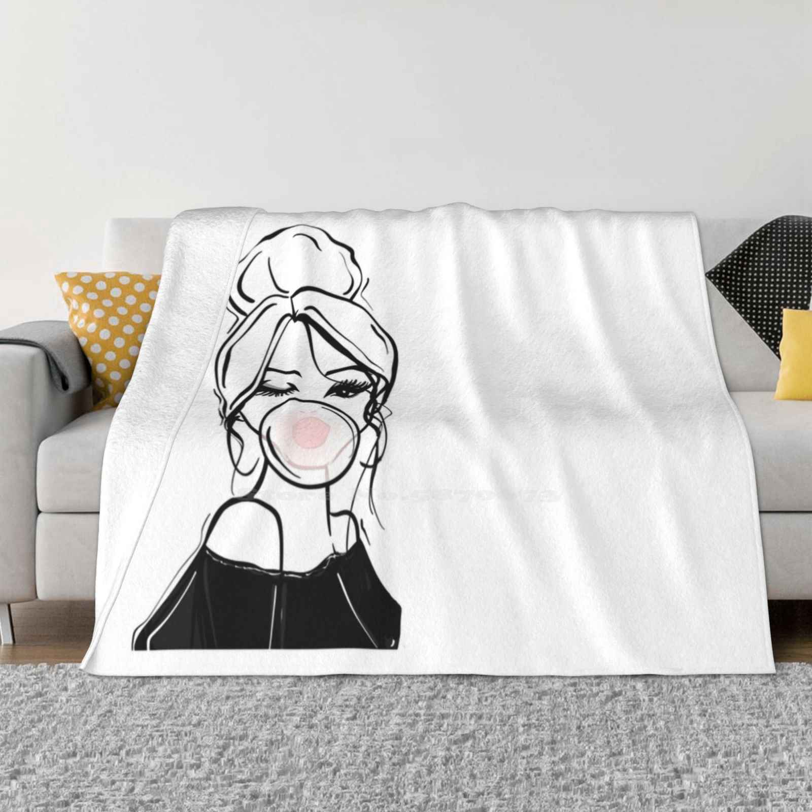 Bubble Gum Wink Fashion Illustration Top Quality Comfortable Bed Sofa Soft Blanket Bubble Gum Wink Girl Lashes Black And White 30x40in