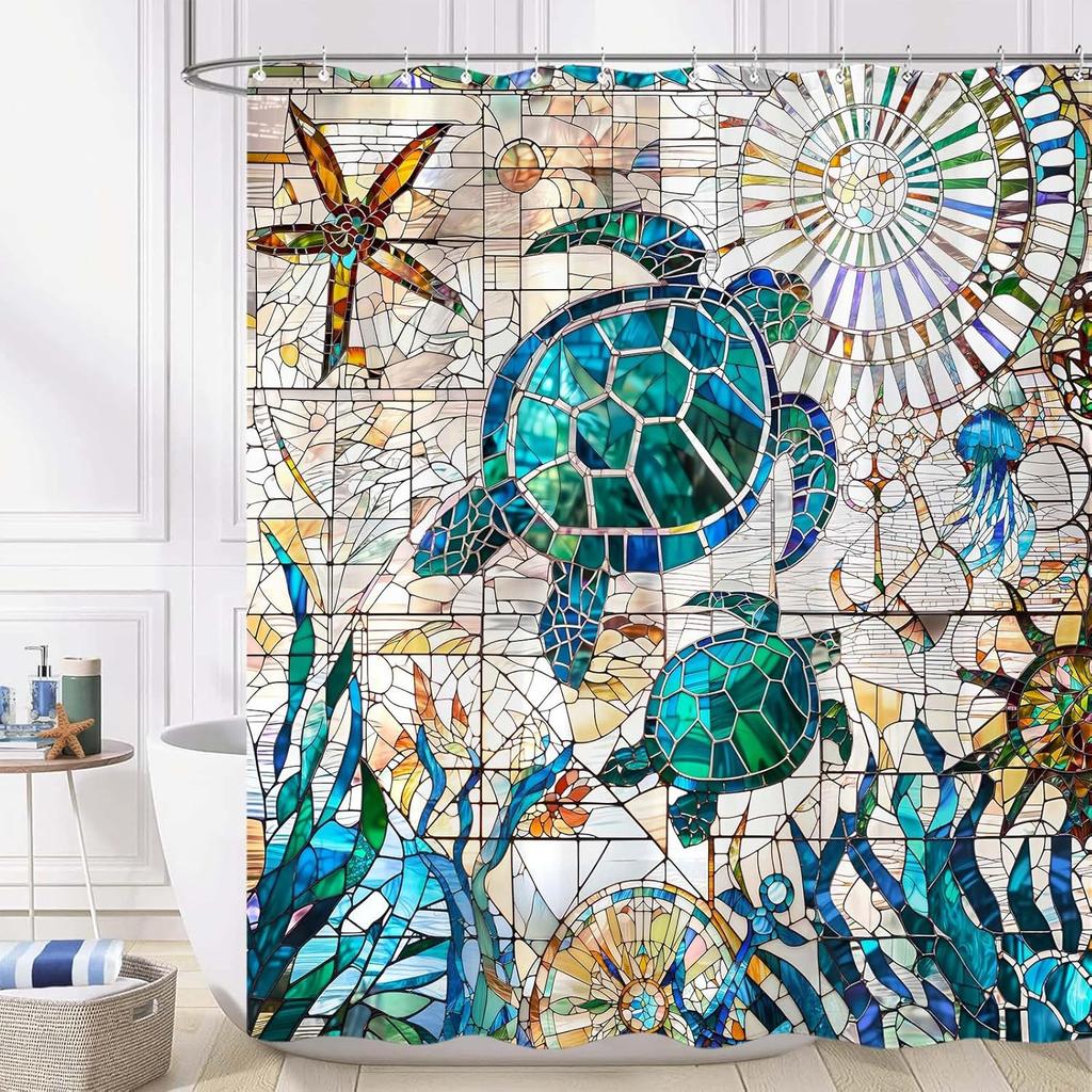 Stained Glass Turtle Shower Curtain Sea Life Art Ocean Pattern Starfish Jellyfish Mosaic Design Bath Decor Waterproof Fabric