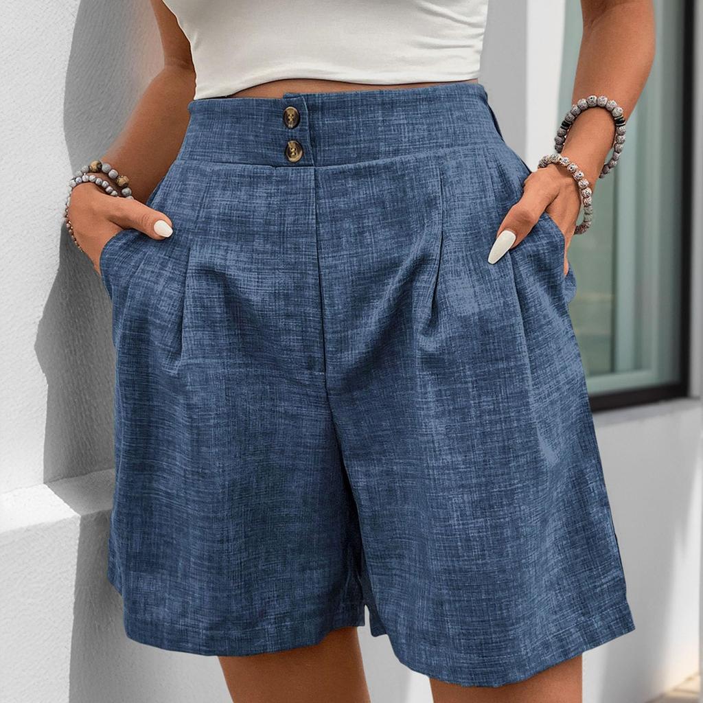 Women's Loose Casual Pants Button -Color High Waist Straight Shorts