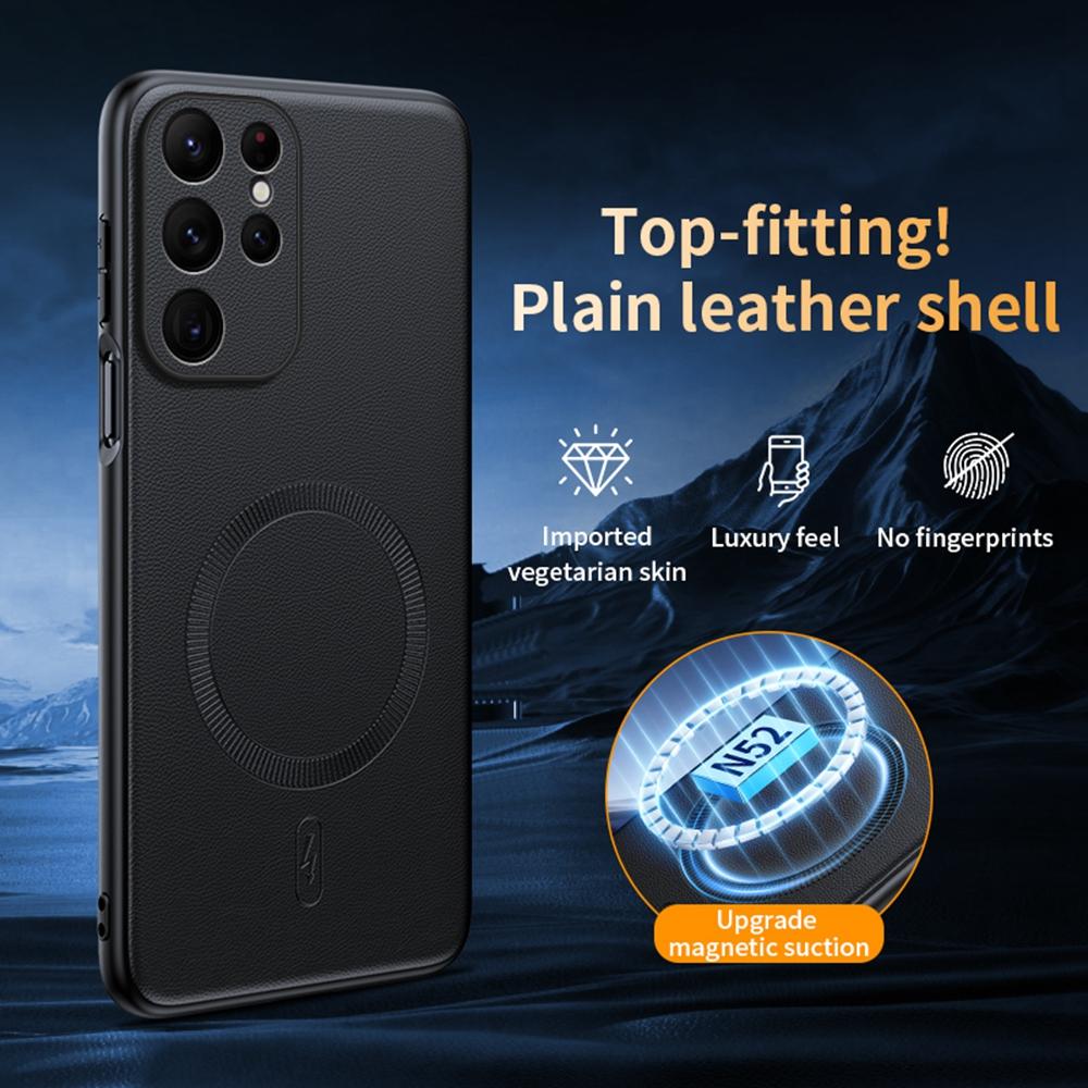 For Samsung Galaxy S25 Ultra Case Compatible with MagSafe Leather Coated TPU+PC Phone Cover